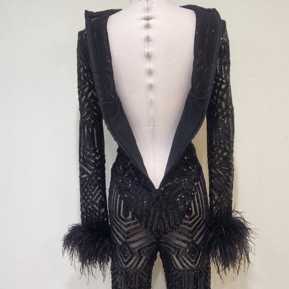 πA BOMBSHELL!π Ostrich Feather Trim Sequin Lace Bodycon Jumpsuit in Black - Picture 13 of 16